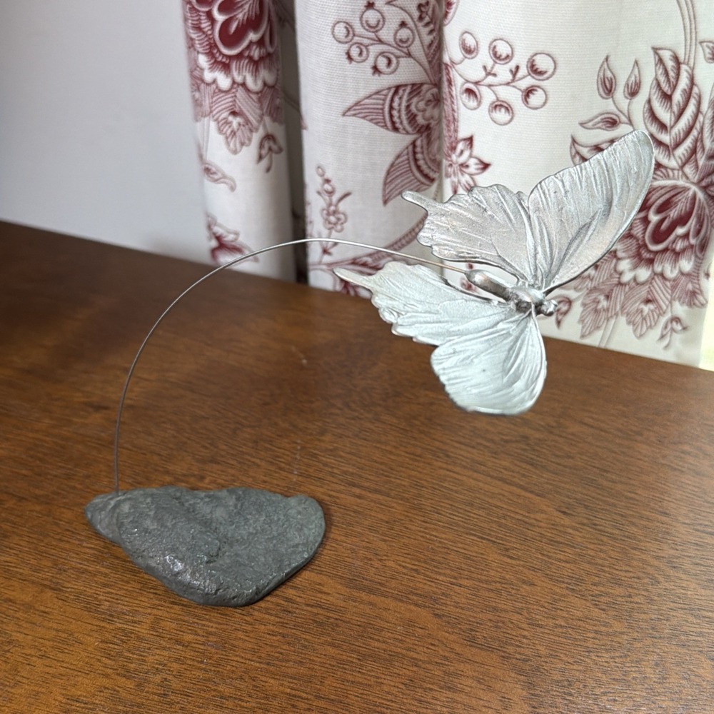Vintage Hudson Pewter Floating Butterfly Figurine Wire Suspended Metal Base